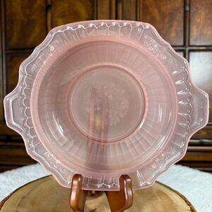 Vintage Pale Pink Floral Etched Ribbed Etched Fancy Cut Edge Glass Bowl